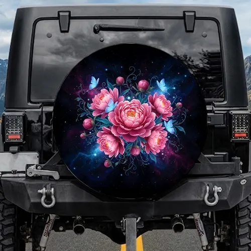 Pink Peony Blue Butterfly Botanical - Cosmic Home Decor Gift for Flower Lover Spare Tire Cover
