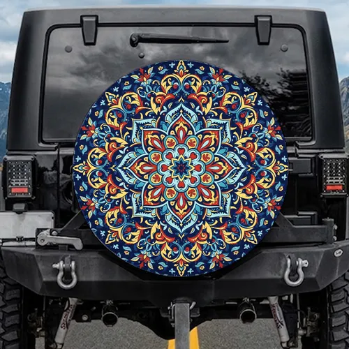 Mediterranean Azulejo Mandala Floral Tapestry Scrollwork Geometric Forms - Home Decor Gift Spare Tire Cover
