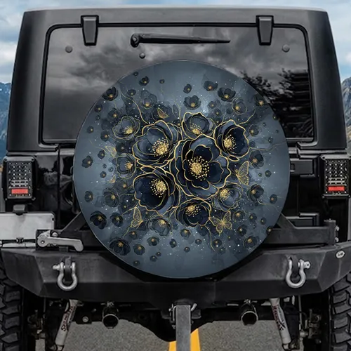 Golden Glitter Flowers Butterfly Floral Galaxy - Glamorous Vehicle Accent Spare Tire Cover