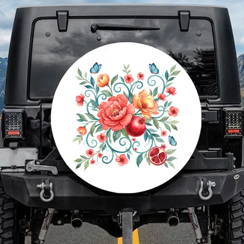 Watercolor Botanical Flowers Pomegranate Butterfly - Nature Lover Gift Spare Tire Cover