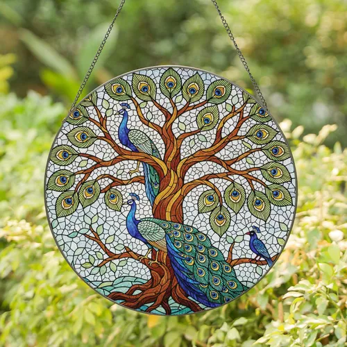 Gnarled Tree of Life Peacocks Feather Mosaic - Home Decor Gift Wildlife Lover Stained Glass Suncatcher
