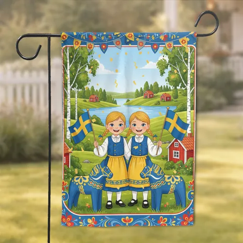 Swedish Children Dala Horses Folk Costume Landscape - Home Decor Gift Garden Flag