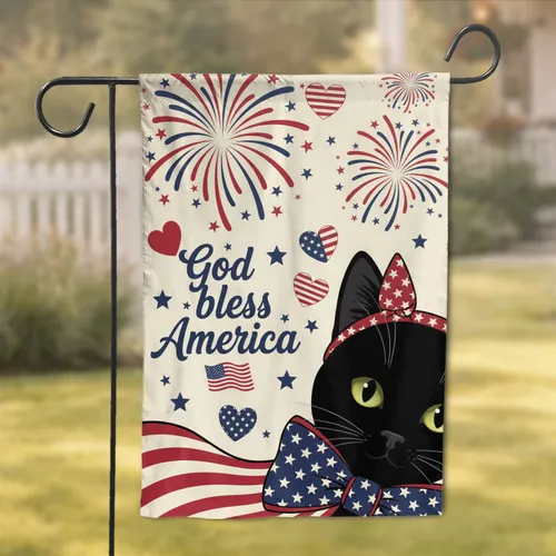 Black Cat Star-Spangled Bow Tie God Bless America - USA 250th Anniversary Garden Flag