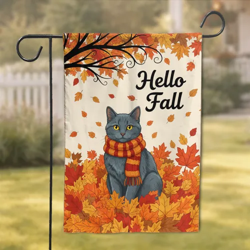 Black Cat Fall Foliage Hello Fall - Autumn Home Decor Cat Lover Gift Garden Flag