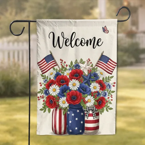 Welcome Script American Flag Mason Jars Patriotic Flowers - USA 250th Anniversary 1776-2026 Garden Flag