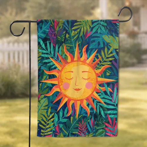 Pink Cheek Sun Radiating Rays Lush Tropical Leaves Jungle Scene - Home Decor Gift Garden Flag