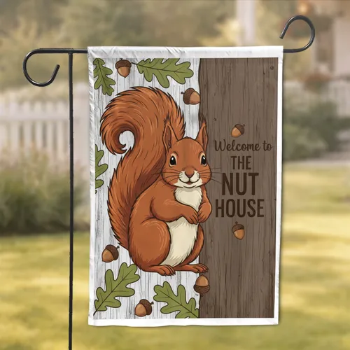 Mischievous Squirrel 'Welcome to The Nut House' - Autumn Home Decor Gift Garden Flag
