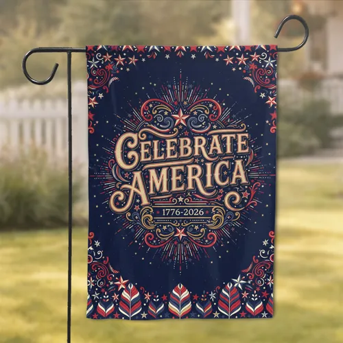 Celebrate America Script Stars - USA 250th Anniversary Independence Day Garden Flag