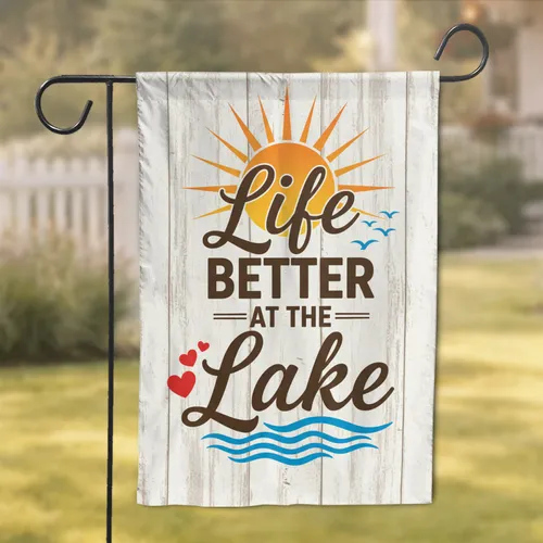 Lake Life Text Sun Birds Water Wood - Rustic Home Decor Gift Garden Flag