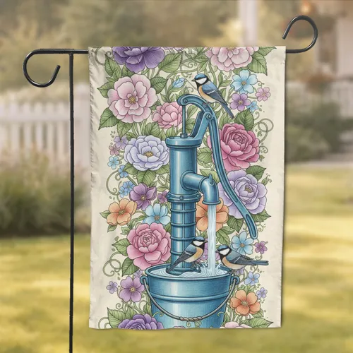 Vintage Blue Water Pump Songbirds Blooming Flowers - Wildlife Home Decor Gift Garden Flag