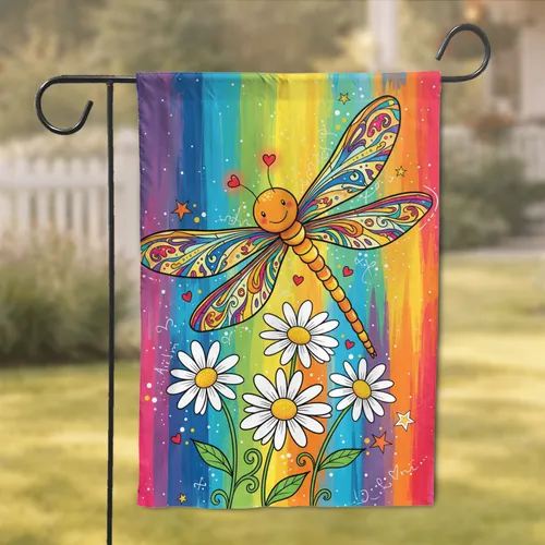 Flying Dragonfly Daisies Rainbow Stars Hearts - Celebration Home Decor Gift for Nature Lovers Garden Flag