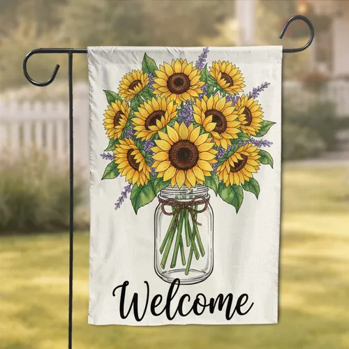 Welcome Sunflowers Mason Jar - Rustic Home Decor Gift Garden Flag
