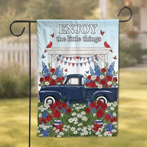 Light Blue Vintage Pickup Truck Garden Flowers Cardinals 'ENJOY the little things' Everyday Home Decor Garden Flag