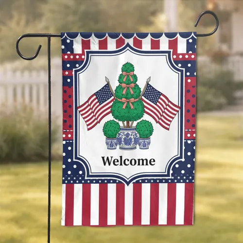 Welcome Chinoiserie Topiary American Flags Red White Stripes - Patriotic Outdoor Home Decor Garden Flag