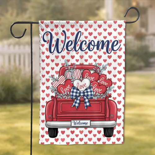 Vintage Red Pickup Truck Hearts Welcome - Farmhouse Decor Gift Garden Flag