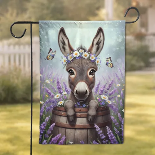 Baby Donkey Daisy Crown Butterflies Barrel Lavender Field - Farmhouse Decor Gift Garden Flag
