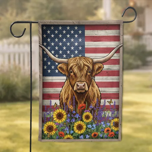 Highland Cow American Flag Wildflower - Patriotic Farmhouse Home Decor for Cow Lovers Garden Flag