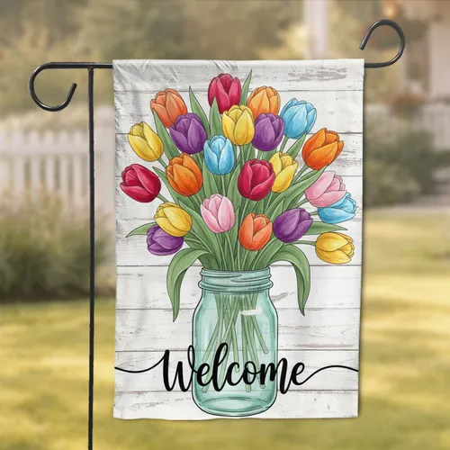 Welcome Tulips Mason Jar Bouquet - Rustic Farmhouse Home Decor Gift Garden Flag