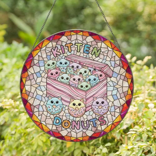Kitten Donut Box overflowing with Frosted Donut Kittens - Cat Lover Home Decor Gift Stained Glass Suncatcher