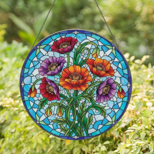 Poppies Bouquet Stained Glass Intertwining Leaves Faceted Gems - Home Decor Gift Stained Glass Suncatcher