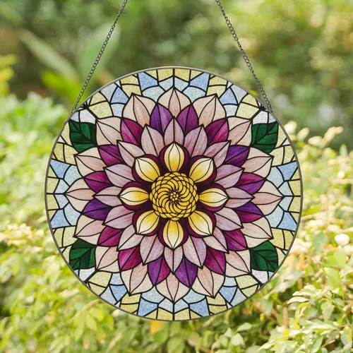 Ornate Dahlia Flower Green Leaves Tiffany Stained Glass Jewel Tones - Home Decor Gift Stained Glass Suncatcher