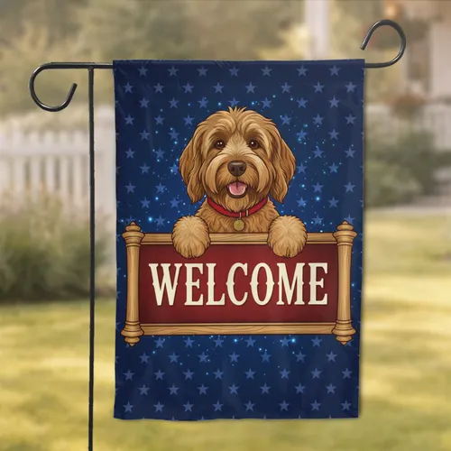 Apricot Goldendoodle Dog Welcome Sign Christmas Tree Home Decor Gift Garden Flag