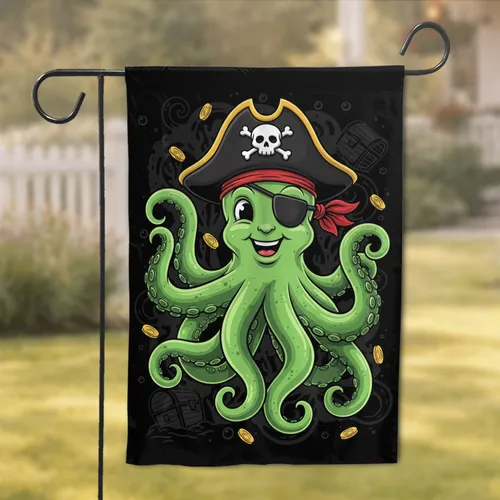 Green Octopus Pirate Treasure Chest Skull Emblem - Ocean Lover Home Decor Gift for Seafarers Garden Flag