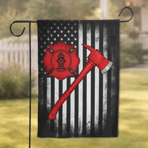Distressed American Flag Firefighter Axe Maltese Cross - Firefighter Gift for First Responders Garden Flag
