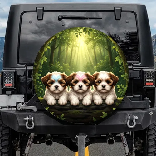 Realistic Shih Tzu Puppies Forest Foliage - Pet Lover Car Decor Gift Spare Tire Cover