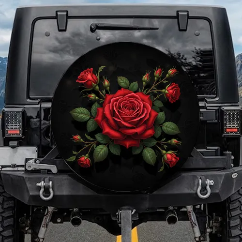 Deep Red Rose Floral Bloom with Emerald Green Leaves - Garden Lover Everyday Accent Spare Tire Cover