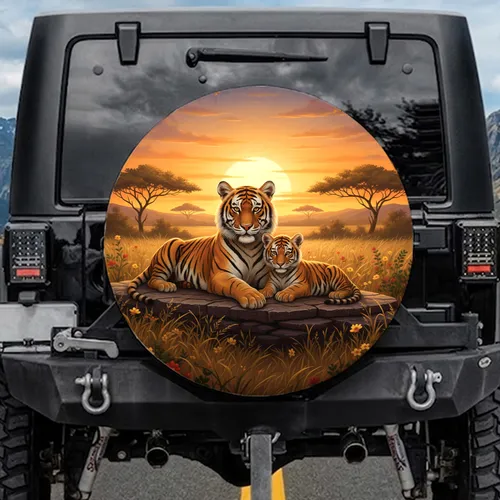 Adult Tiger and Cubs Savanna Grassland Sunset Golden Hour - Wildlife Lover Gift Spare Tire Cover