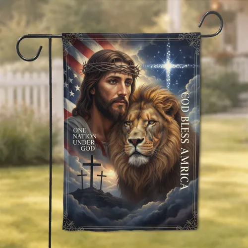 Jesus Christ Lion American Flag Crosses - God Bless America Patriotic Gift Garden Flag