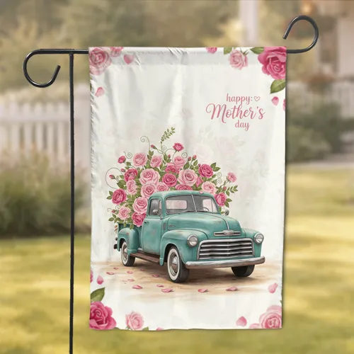 Teal Vintage Pickup Truck Pink Roses - Happy Mother's Day Gift for Mom Garden Flag