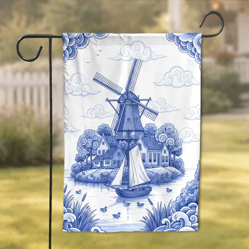 Dutch Windmill Quaint Village Waterway Classic Sailboat - Home Decor Gift for Delft Art Lovers Garden Flag