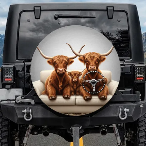 Highland Cow Family Steering Wheel - Farmhouse Decor Gift for Cow Lover Spare Tire Cover