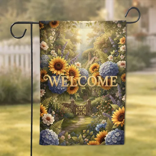 Welcome Script Sunflowers Hydrangeas Lavender Garden Gate - Outdoor Garden Decor Garden Flag
