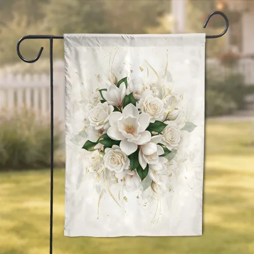 Magnolia Rose Gold Leaf Wisps Floral Emerald Foliage - Home Decor Gift Garden Flag