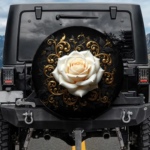 White Rose Gold Filigree Botanical - Everyday Luxury Decor Gift Spare Tire Cover