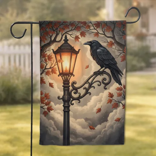 Gothic Raven Street Lamp Autumn Leaves - Halloween Home Decor Gift Garden Flag
