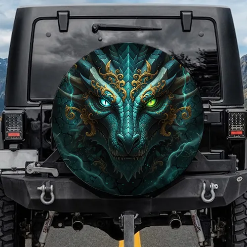Majestic Dragon Teal Turquoise Scales Golden Filigree Glowing Aqua Lime Eyes - Fantasy Lover Gift Spare Tire Cover