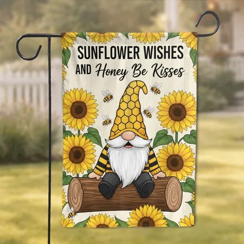 Garden Gnome Sunflowers Honey Bee Wishes Kisses - Garden Lover Home Decor Gift Garden Flag