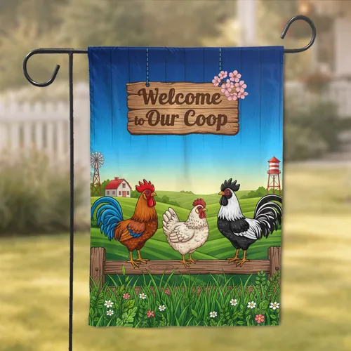 Farm Chickens Rooster Welcome to Our Coop Sign - Farmhouse Decor Gift for Chicken Lover Garden Flag