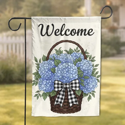 Welcome Blue Hydrangea Wicker Basket - Farmhouse Home Decor Gift Garden Flag