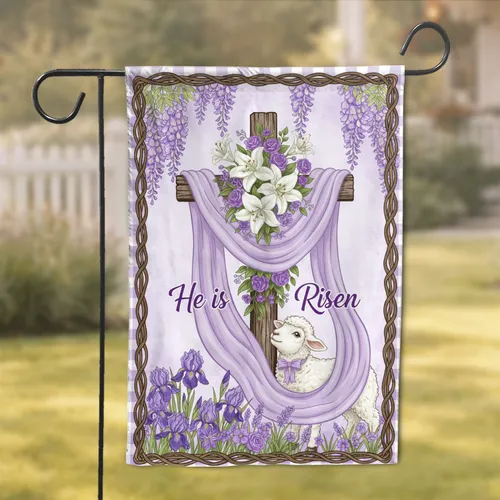 He is Risen Lamb Cross Lilies Wisteria - Easter Spring Devotional Decor Garden Flag