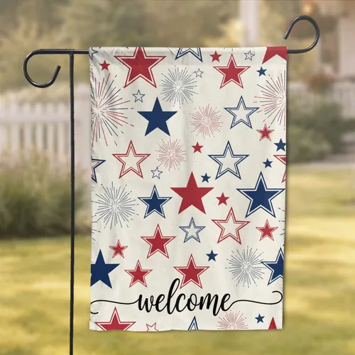 Welcome Script Patriotic Stars Fireworks - Independence Day Home Decor Garden Flag