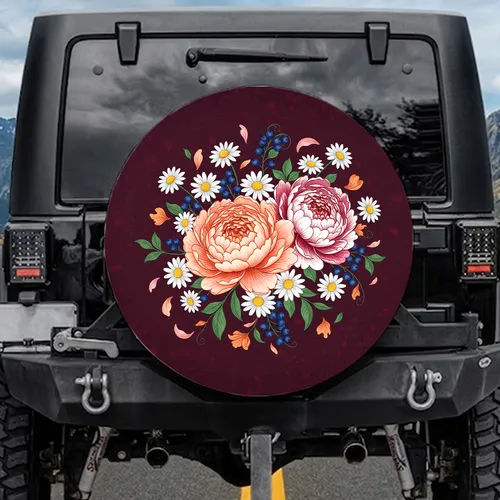 Deep Burgundy Lush Peony Daisy Berry Foliage Floral - Outdoor Lifestyle Gift Spare Tire Cover