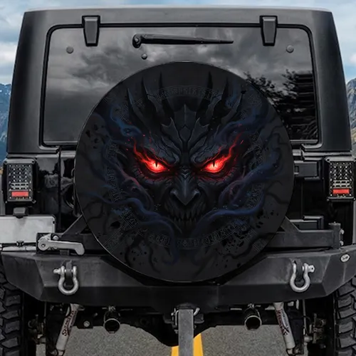 Glowing Demonic Eyes Scowling Monstrous Head - Foreboding Vehicle Accessory Spare Tire Cover