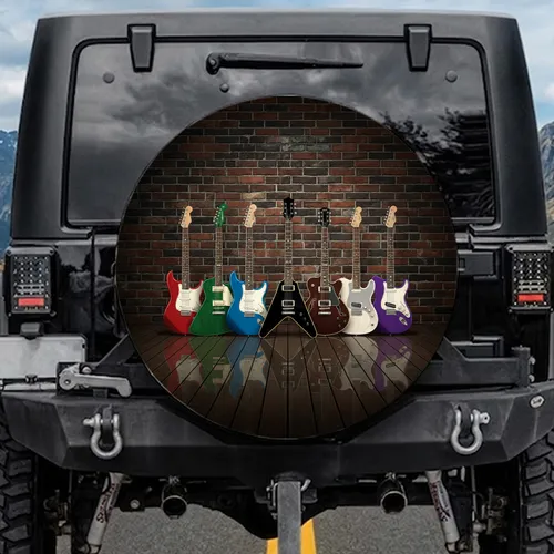 Eight Electric Guitars Dark Stage Setting – Music Lover Gift for Guitar Players Spare Tire Cover