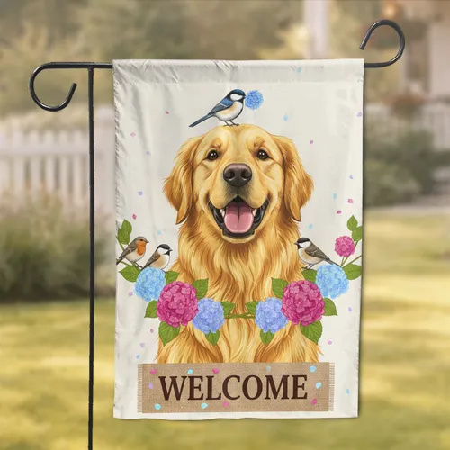 Golden Retriever Hydrangea Welcome - Garden Decor Gift for Dog Lovers Garden Flag