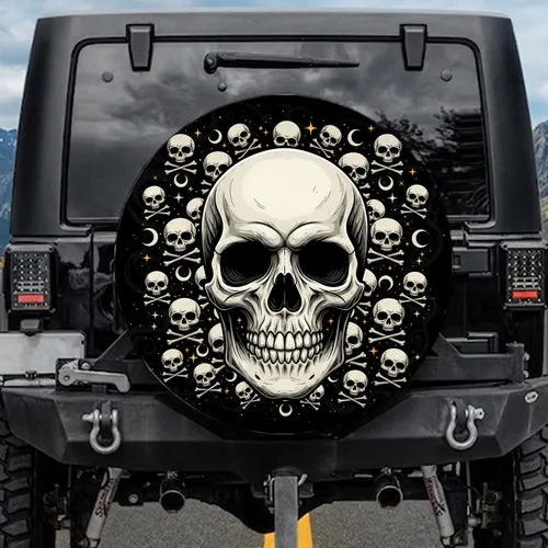 Gothic Human Skull Crossbones Stars Moon Black Night Sky - Dark Aesthetic Gift Spare Tire Cover